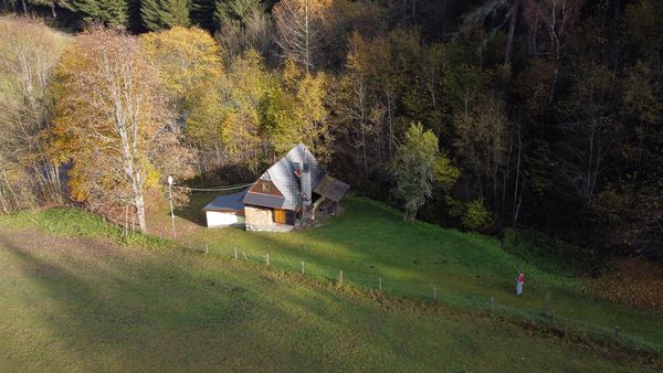Die Mühle am Bach inmitten von Wiesen und Wäldern